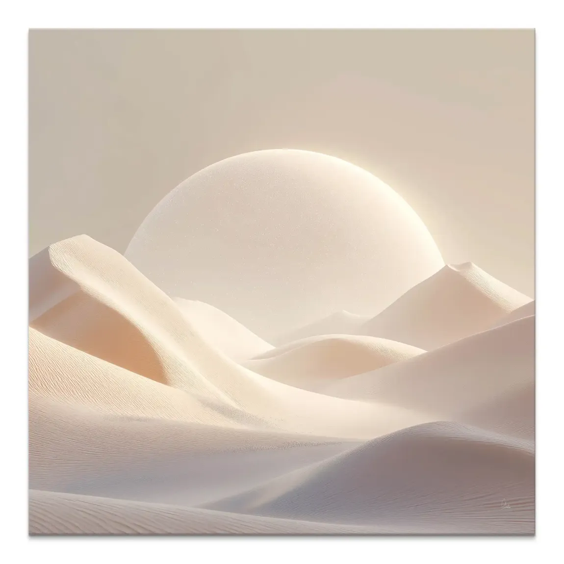 Desert Light Canvas Print: minimalist desert landscape with creamy dunes and a glowing orb on the horizon.