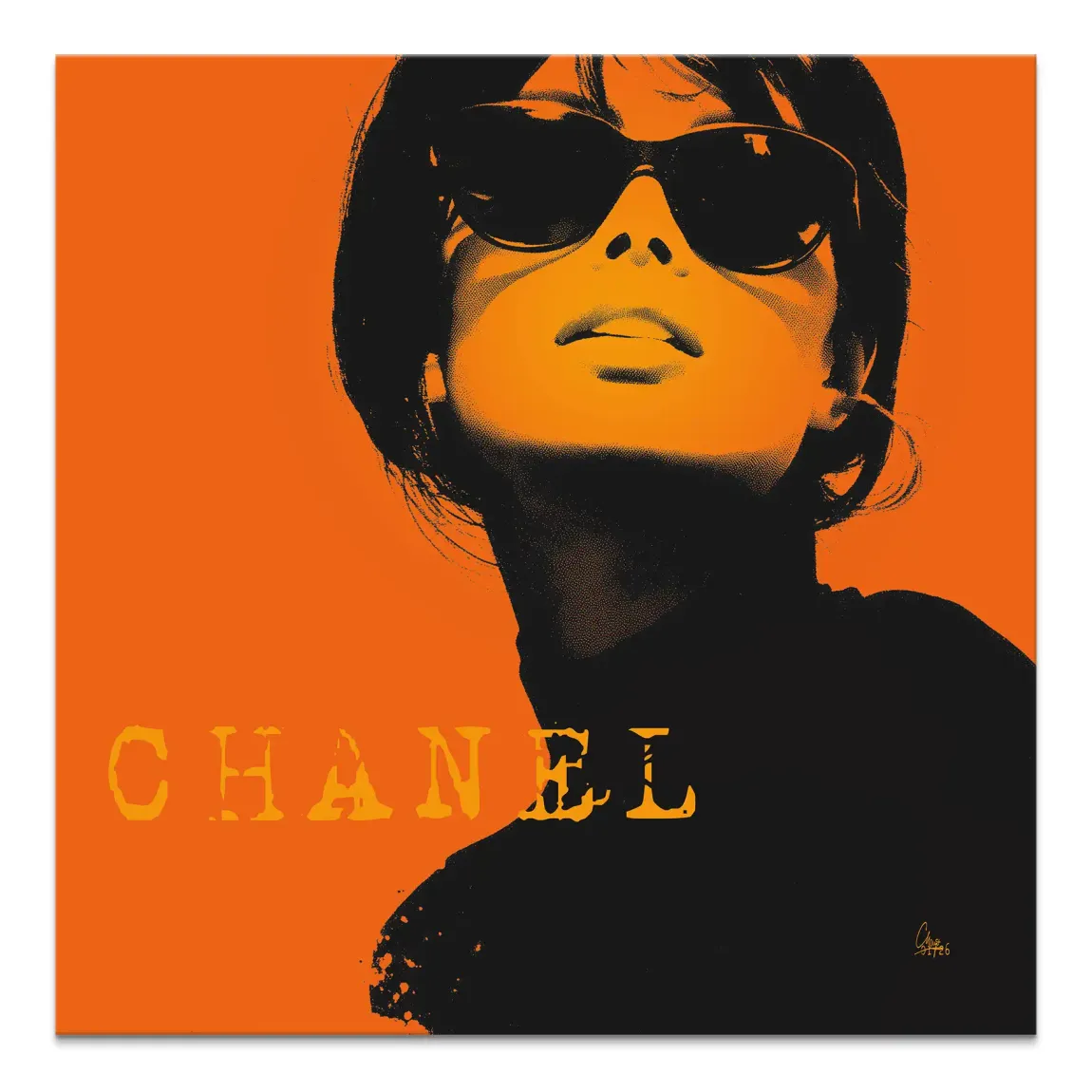 Chanel Glam canvas art featuring a glamorous woman in sunglasses against an orange backdrop.