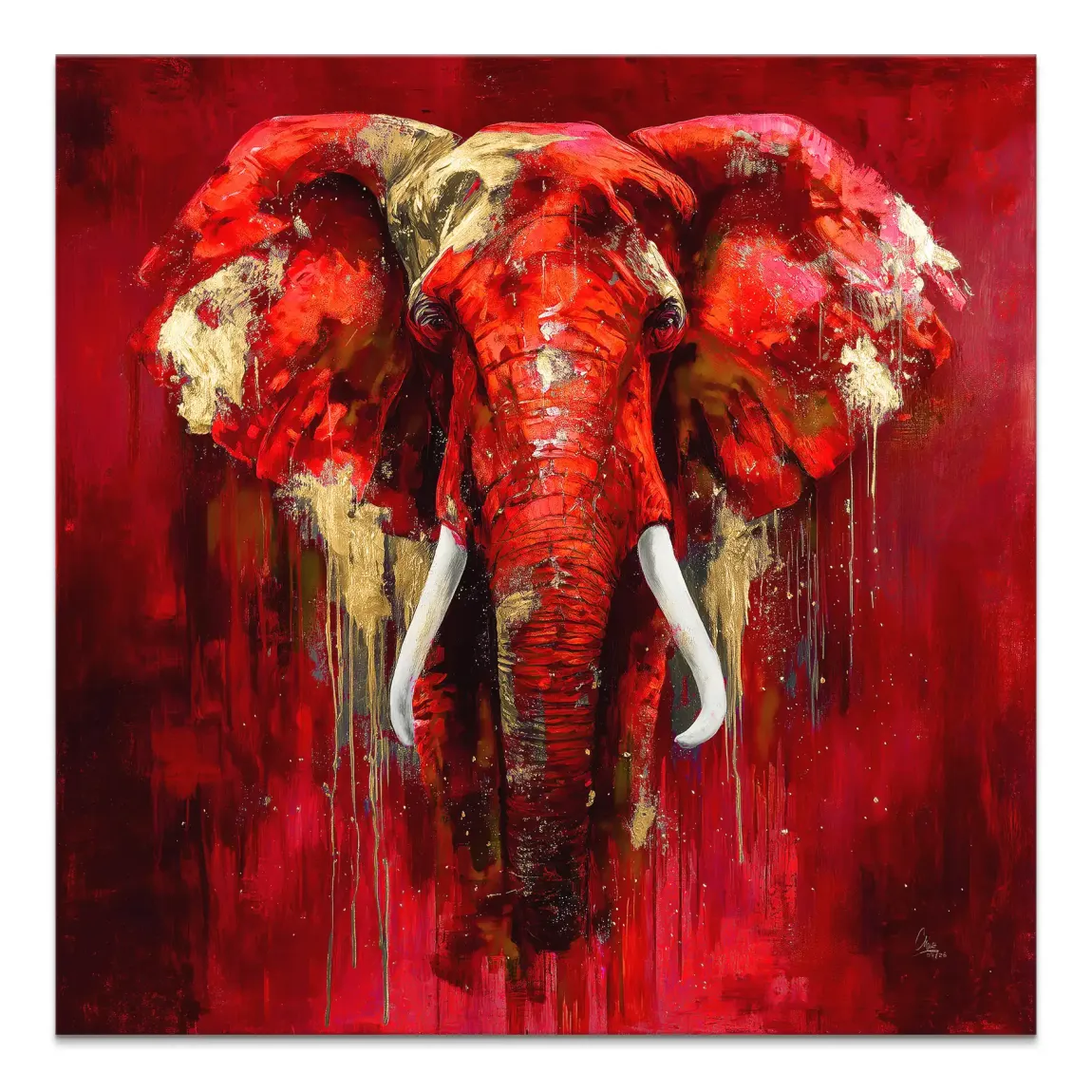 Red elephant canvas painting with metallic gold accents in abstract expressionist style