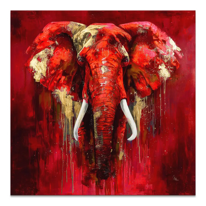 Red elephant canvas painting with metallic gold accents in abstract expressionist style