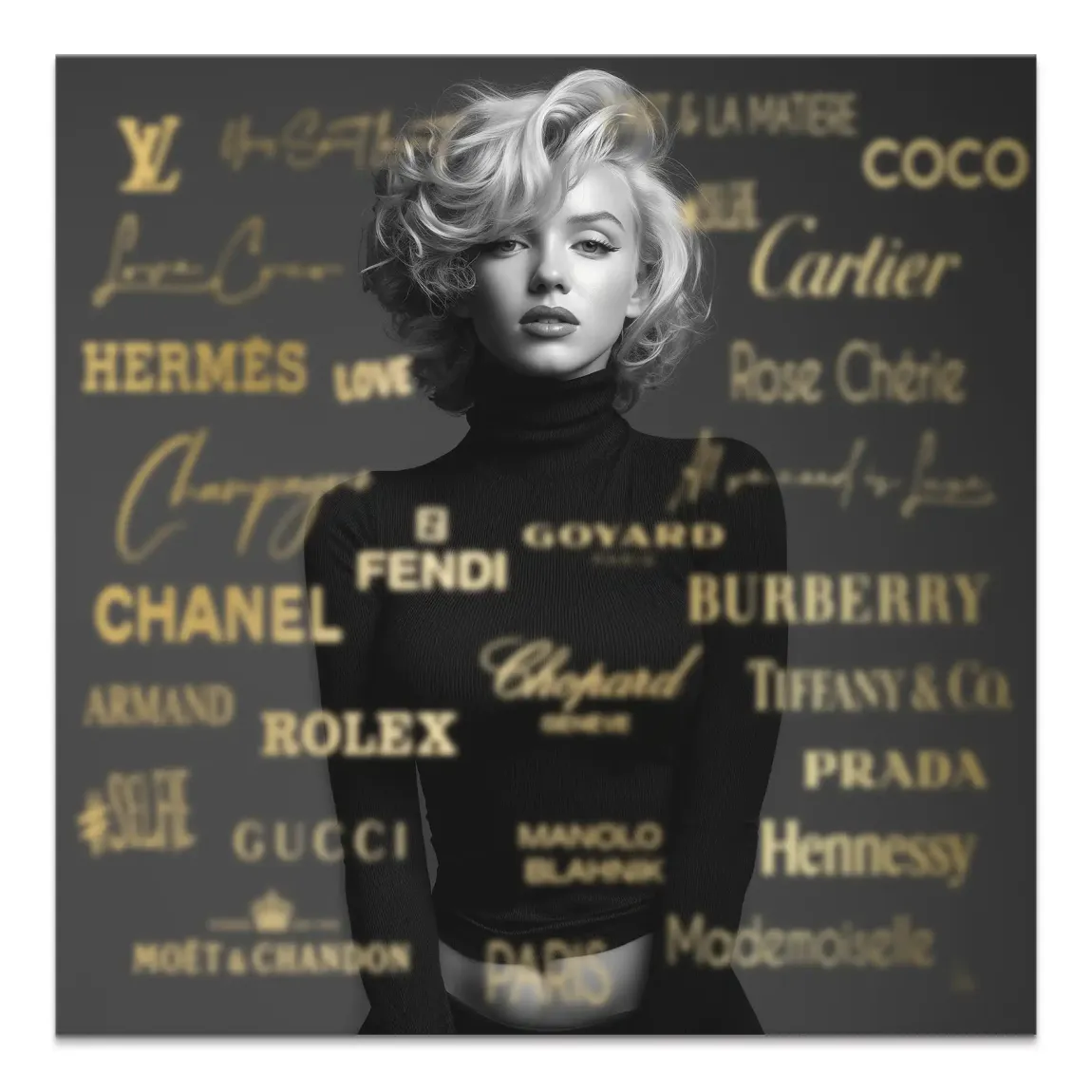 Monochrome Marilyn Monroe canvas portrait with black turtleneck and gold branding backdrop.