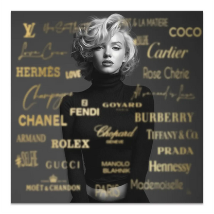 Monochrome Marilyn Monroe canvas portrait with black turtleneck and gold branding backdrop.