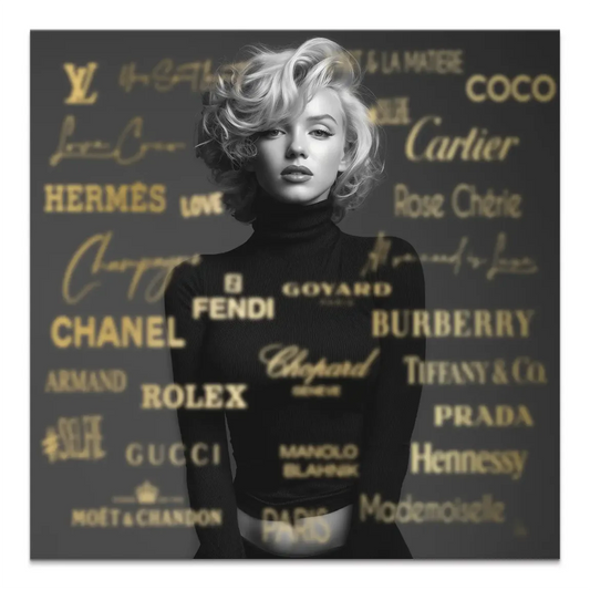 Monochrome Marilyn Monroe canvas portrait with black turtleneck and gold branding backdrop.