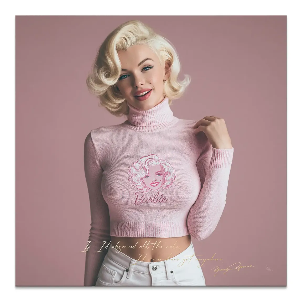 Marilyn Monroe-inspired pink canvas art with Barbie logo top and blush pink crop shirt