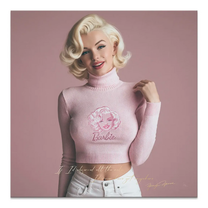 Marilyn Monroe-inspired pink canvas art with Barbie logo top and blush pink crop shirt