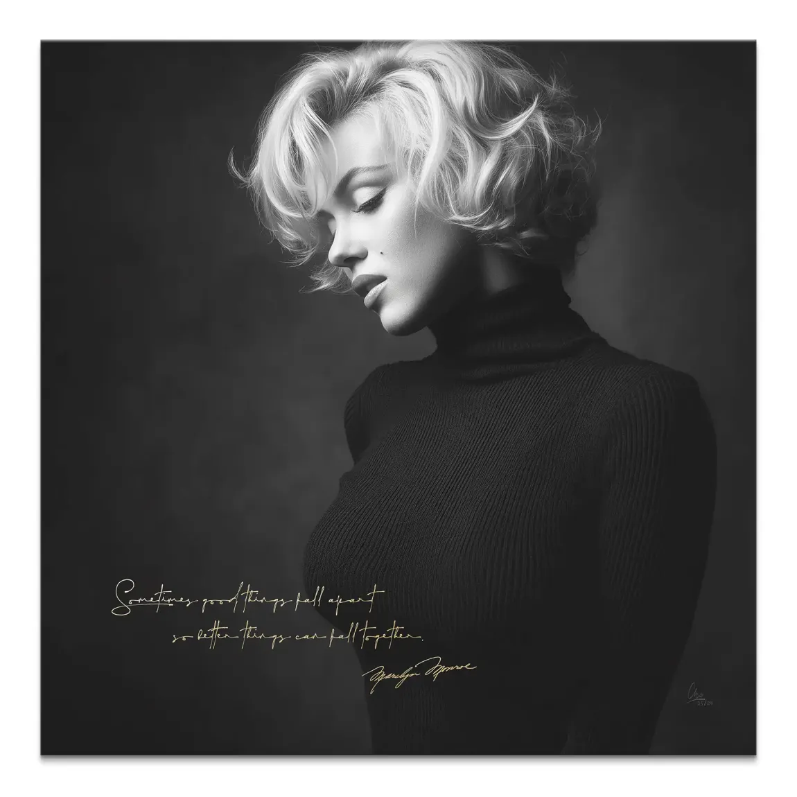 Marilyn Monroe black-and-white portrait on canvas with gold handwritten quote and signature