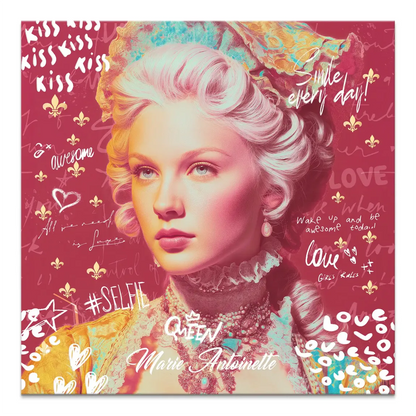 Close-up portrait of a Marie Antoinette-inspired woman with an elaborate powdered wig against a red graffiti background.