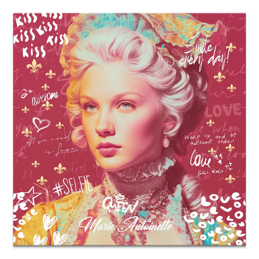 Close-up portrait of a Marie Antoinette-inspired woman with an elaborate powdered wig against a red graffiti background.