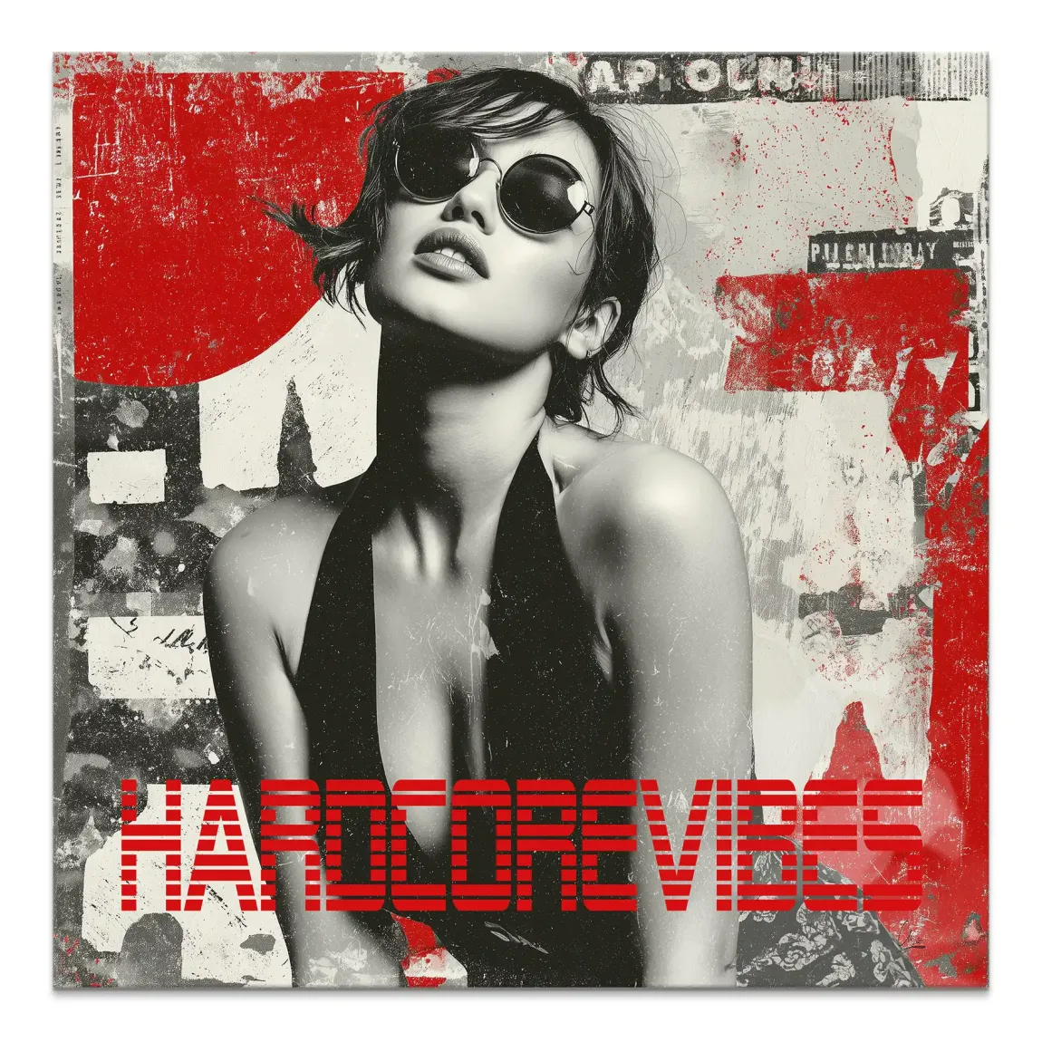 Black and white portrait of a confident woman with short dark hair wearing round sunglasses against a distressed urban wall with red accents on canvas.