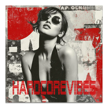 Black and white portrait of a confident woman with short dark hair wearing round sunglasses against a distressed urban wall with red accents on canvas.