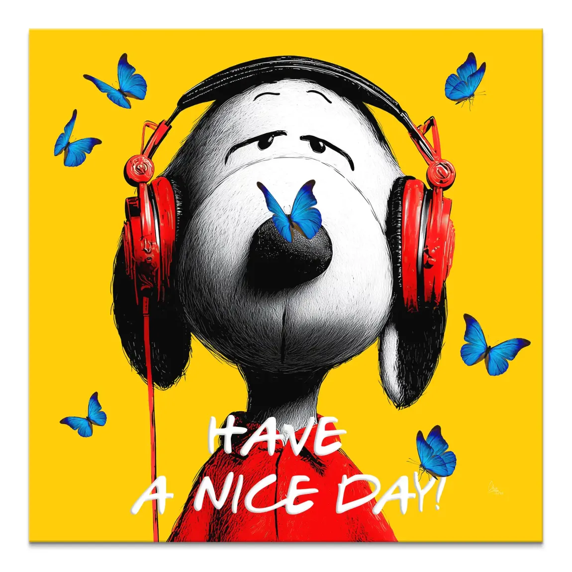 Snoopy in black-and-white with red headphones on a bright yellow canvas