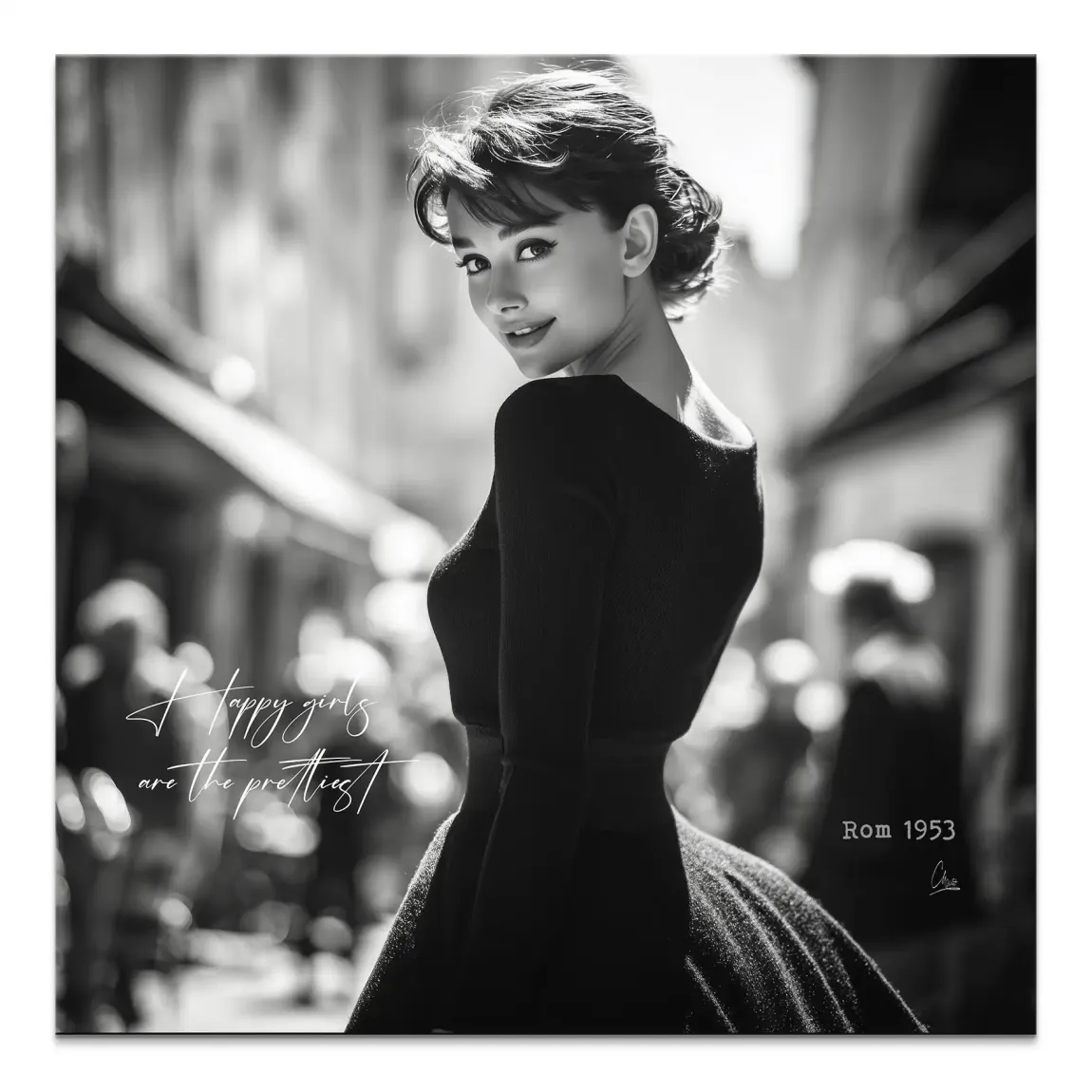 Audrey Hepburn black-and-white canvas portrait with an over-the-shoulder gaze