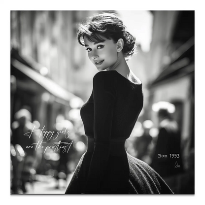 Audrey Hepburn black-and-white canvas portrait with an over-the-shoulder gaze