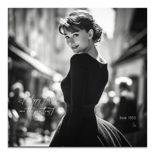 Audrey Hepburn black-and-white canvas portrait with an over-the-shoulder gaze