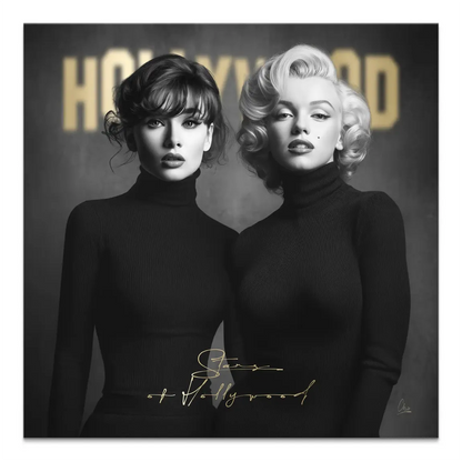 Black-and-white portrait of two glamorous women in black turtlenecks with a gold Hollywood sign in the background