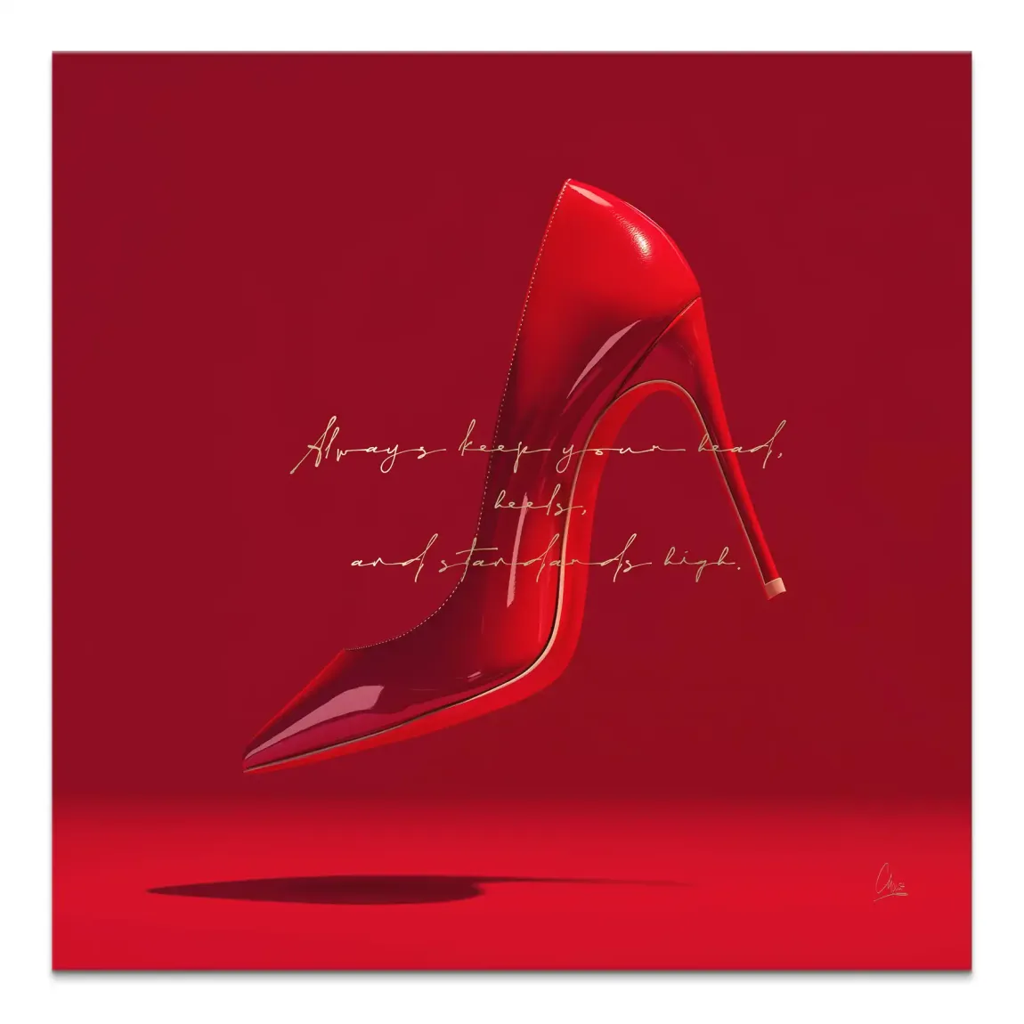 Glossy red stiletto suspended against a deep crimson background in a modern fashion wall art print