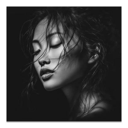 Asian Noir Portrait Canvas – close-up of an East Asian woman in dramatic black-and-white.