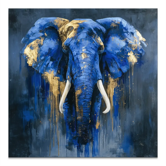Blue abstract elephant canvas painting with gold drips in a central composition