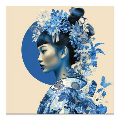 Blue Lotus Geisha portrait in a blue-and-white kimono