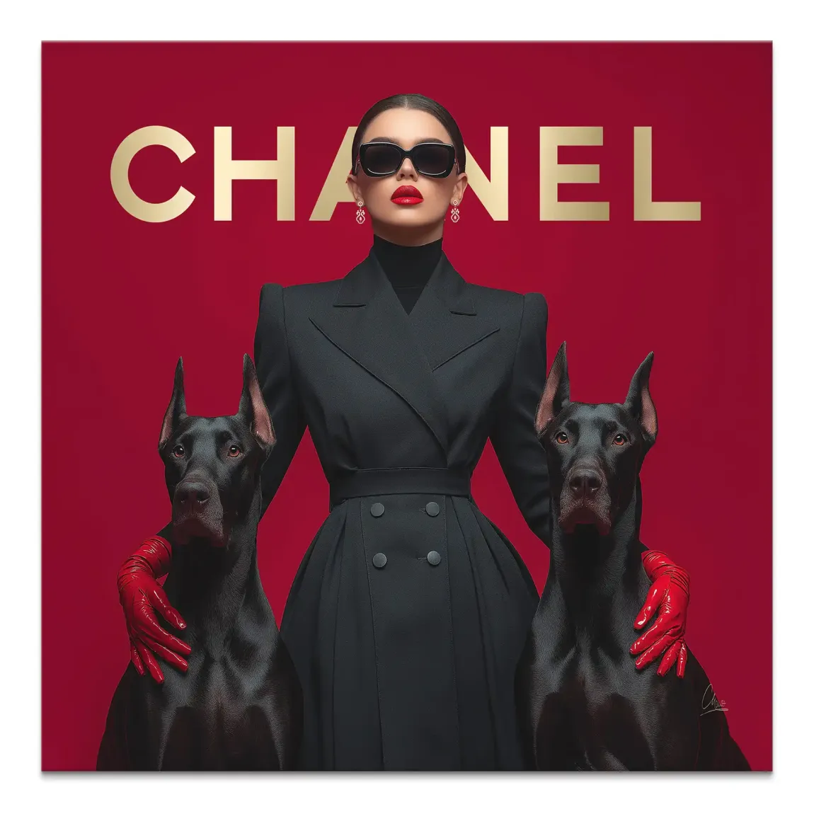 Central figure: woman in a black power suit with two black Doberman dogs on either side