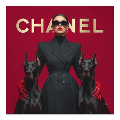 Central figure: woman in a black power suit with two black Doberman dogs on either side