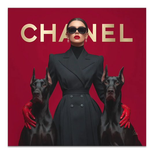 Central figure: woman in a black power suit with two black Doberman dogs on either side