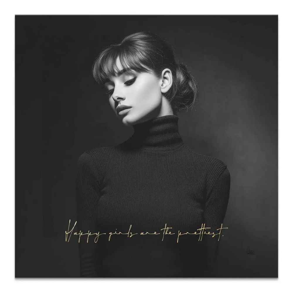 Black-and-white canvas portrait inspired by Audrey Hepburn wearing a black turtleneck