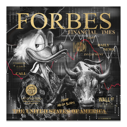 Scrooge McDuck beside the Wall Street Bull in a black-and-white canvas with gold accents