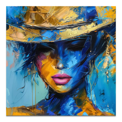 Abstract portrait of a woman with a wide-brimmed hat in blue and gold on canvas