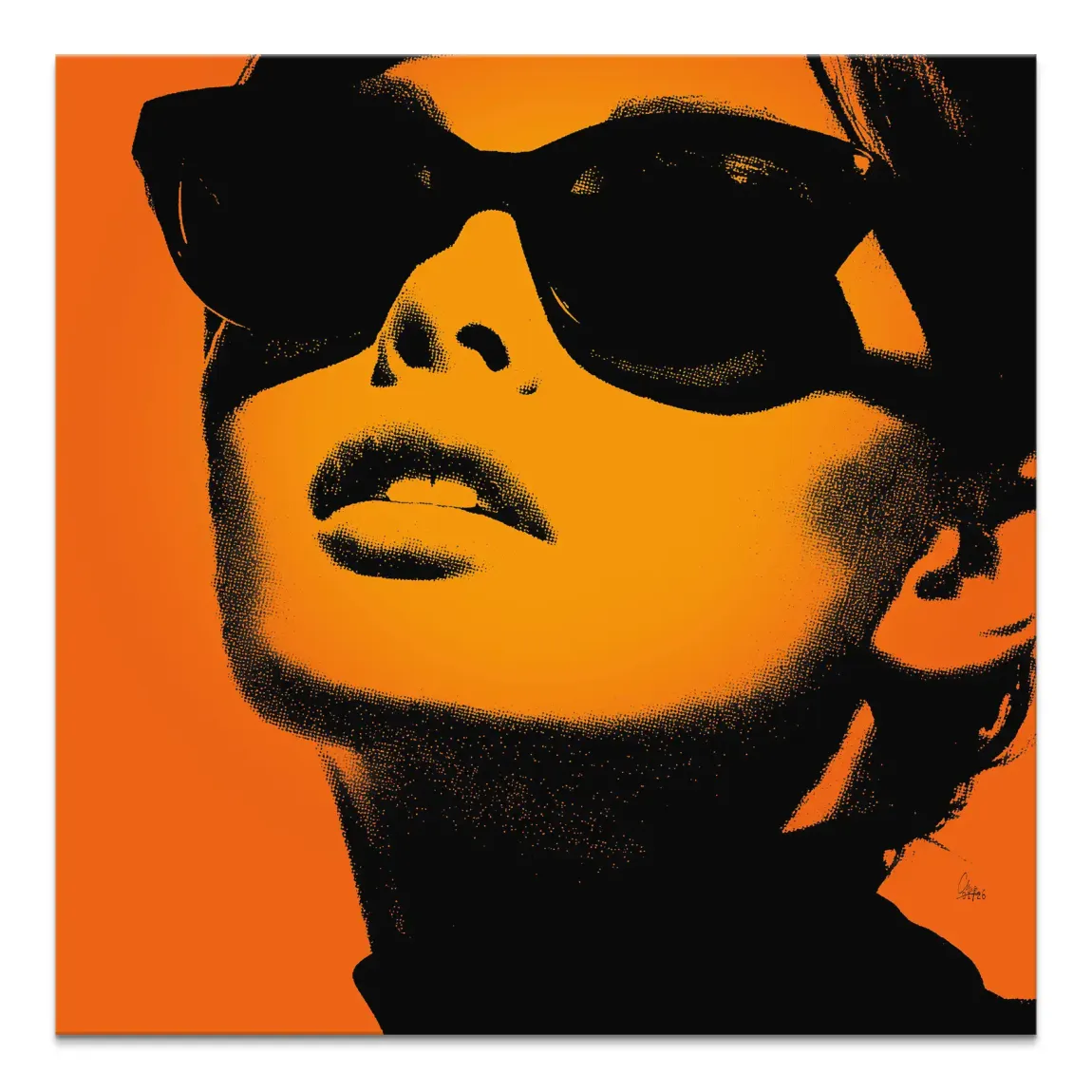 Amber Diva canvas portrait featuring a mysterious woman in oversized sunglasses in bold amber and black halftone.