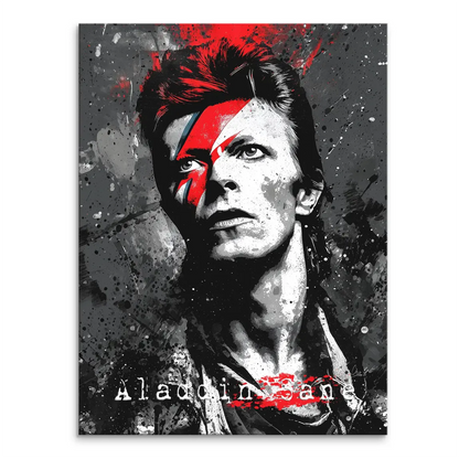 David Bowie Aladdin Sane grayscale portrait on canvas with red and electric blue lightning bolt