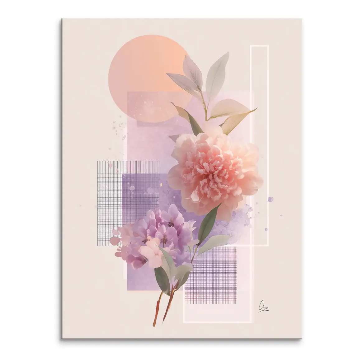Blush pink peony and lavender blooms with green leaves on cream canvas