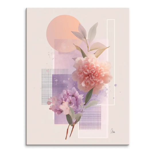 Blush pink peony and lavender blooms with green leaves on cream canvas