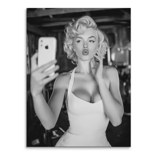 Black and white Marilyn Monroe-inspired selfie canvas print with retro Hollywood glamour