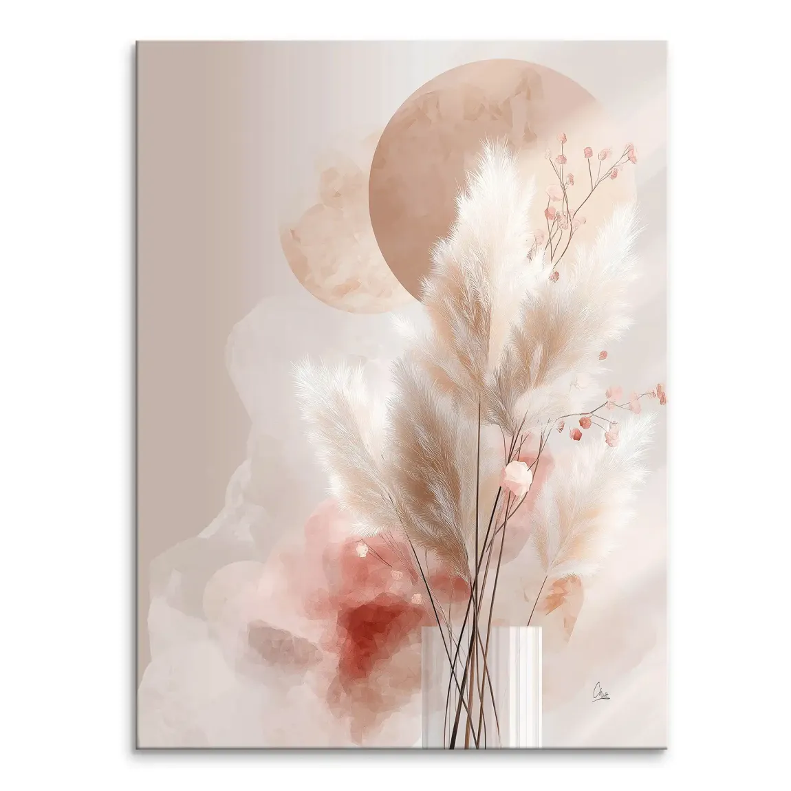 Amber Fields canvas print featuring pampas grass and pink florals in a clear vase in a modern minimalist boho-chic style