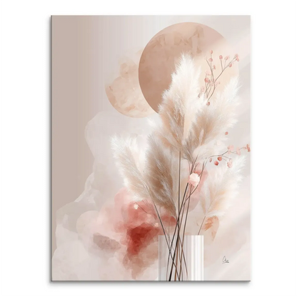 Amber Fields canvas print featuring pampas grass and pink florals in a clear vase in a modern minimalist boho-chic style