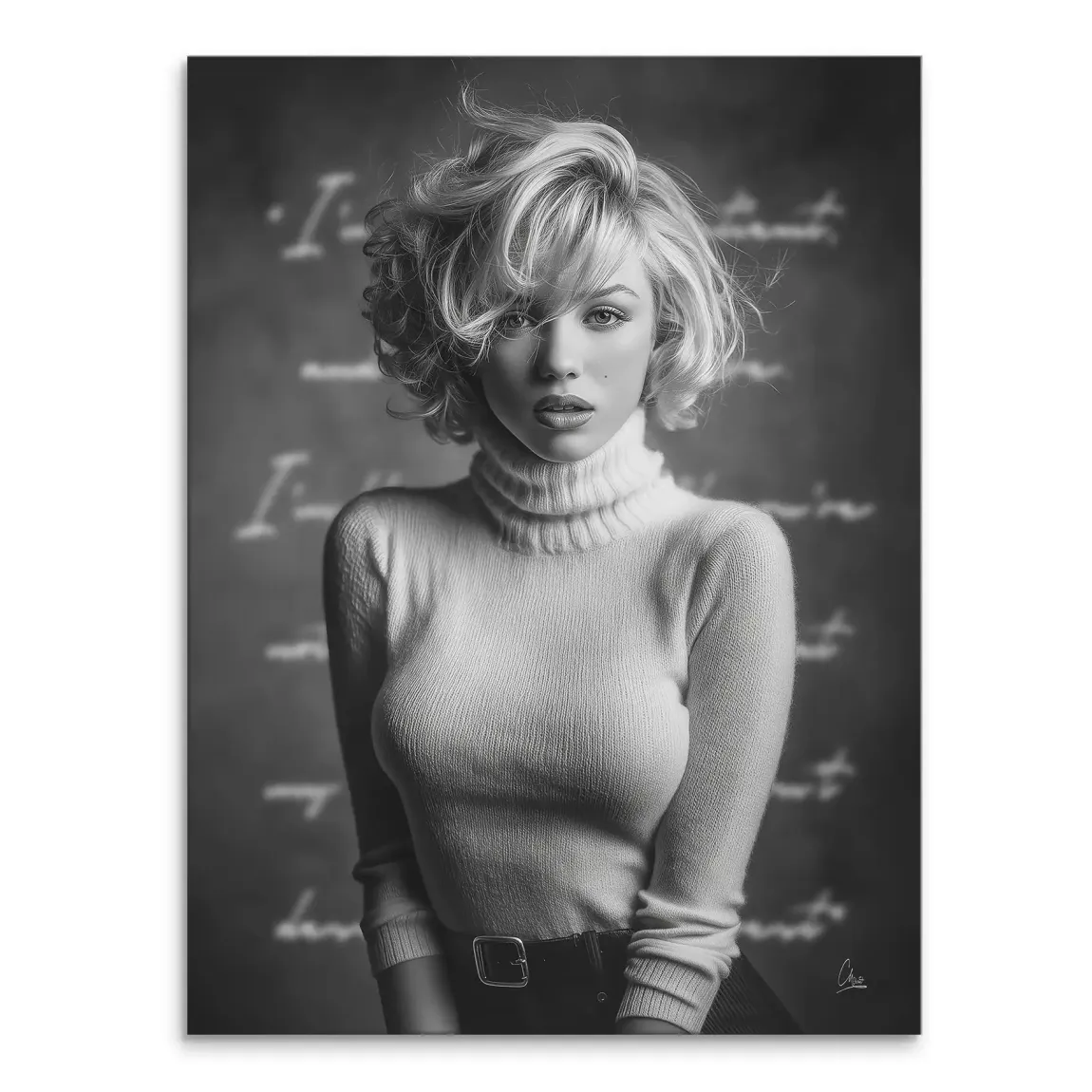 Black and white Marilyn Monroe canvas print showing her in a ribbed turtleneck with voluminous blonde hair