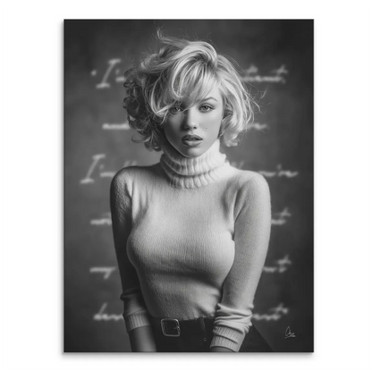Black and white Marilyn Monroe canvas print showing her in a ribbed turtleneck with voluminous blonde hair