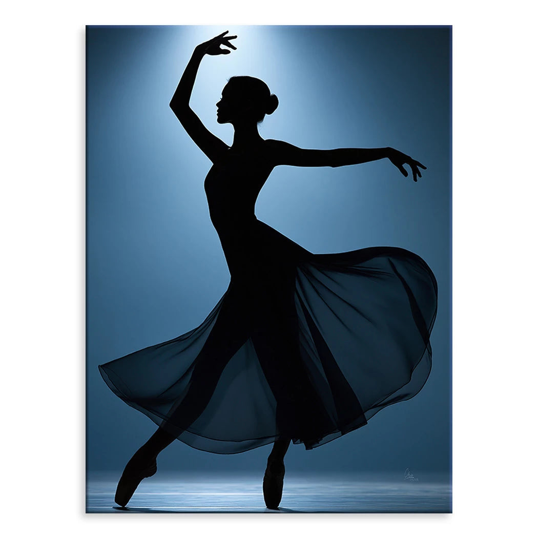 Silhouette of a ballerina en pointe under a bright spotlight against a blue and black background.