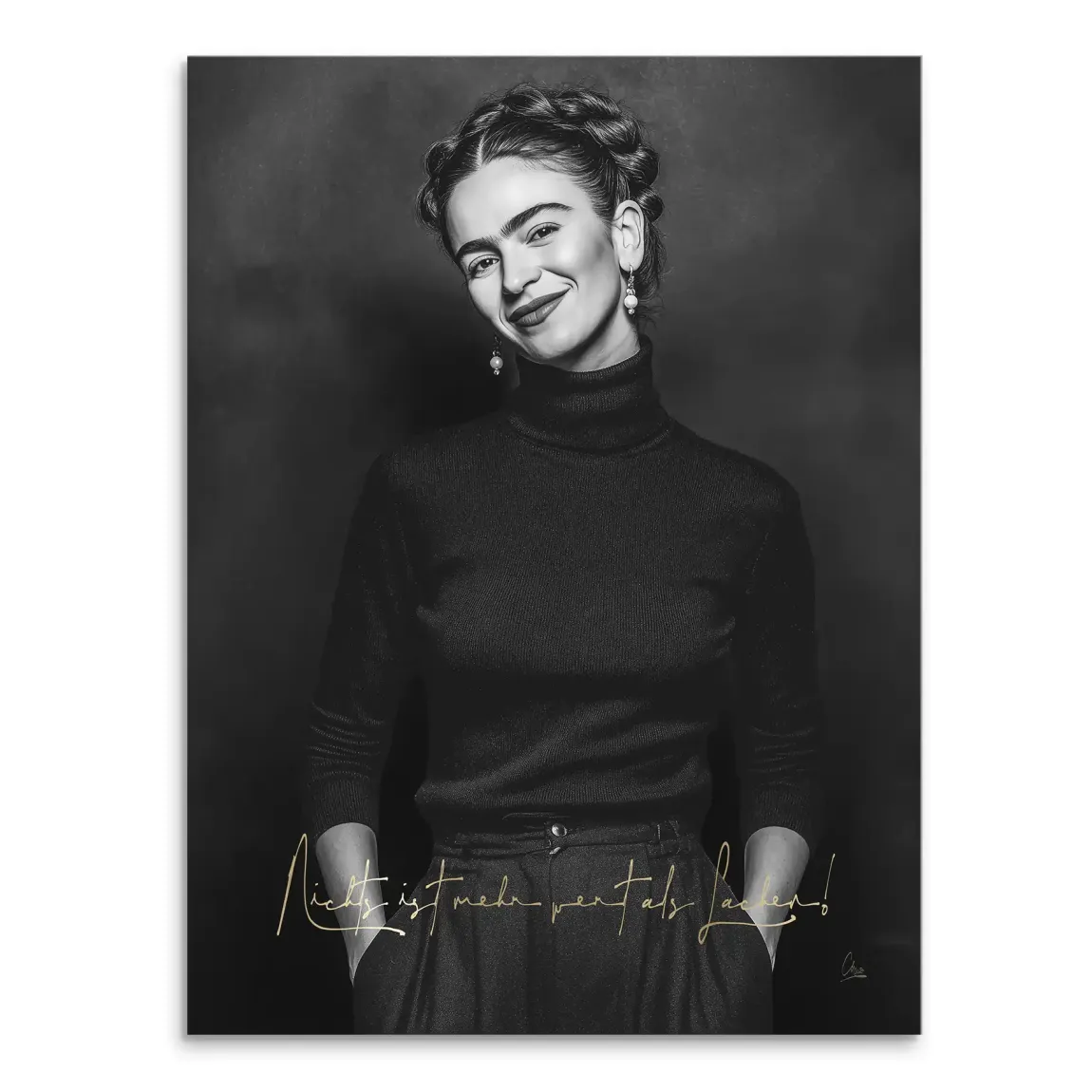 Black and white Frida Kahlo-inspired portrait on canvas