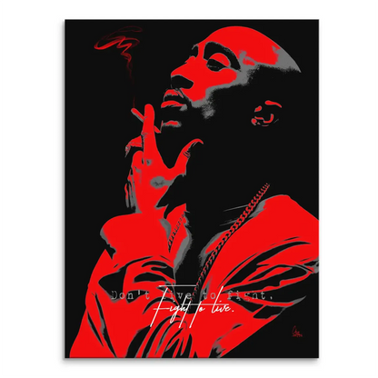 Tupac Shakur portrait on red and black canvas with white script underneath