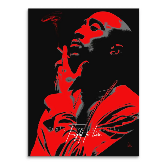 Tupac Shakur portrait on red and black canvas with white script underneath