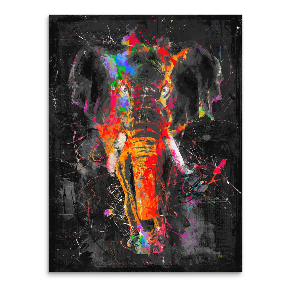 Colorful elephant canvas painting with neon splashes on a dark textured background.