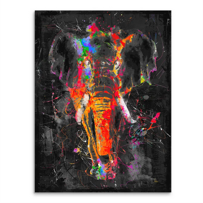 Colorful elephant canvas painting with neon splashes on a dark textured background.