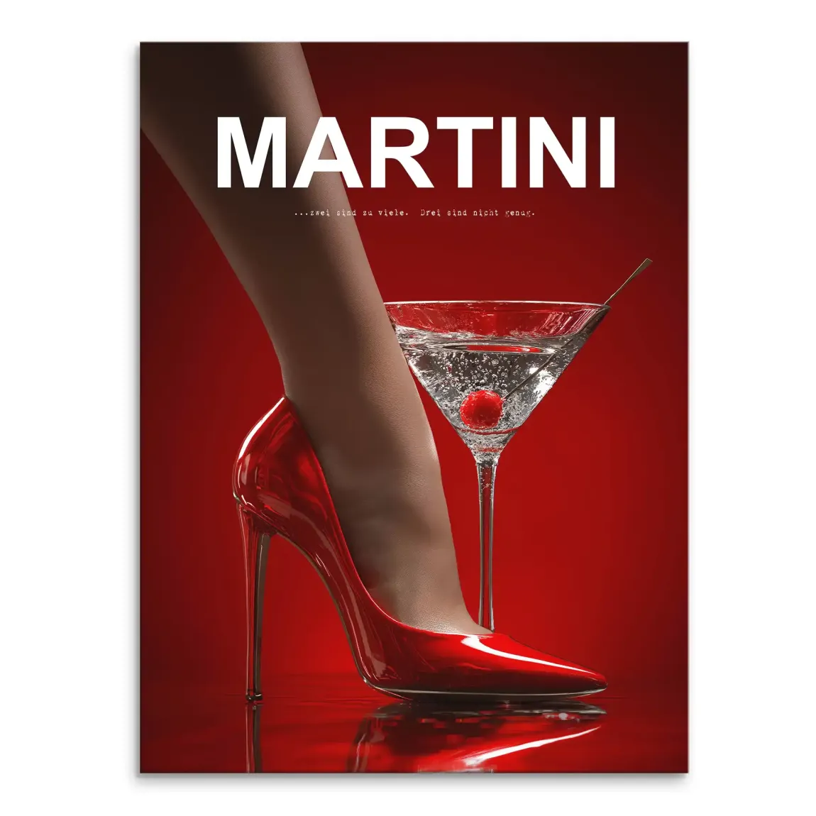 Glamorous close-up of a leg in a red stiletto beside a martini glass with a cherry on a red background, with bold white MARTINI text.