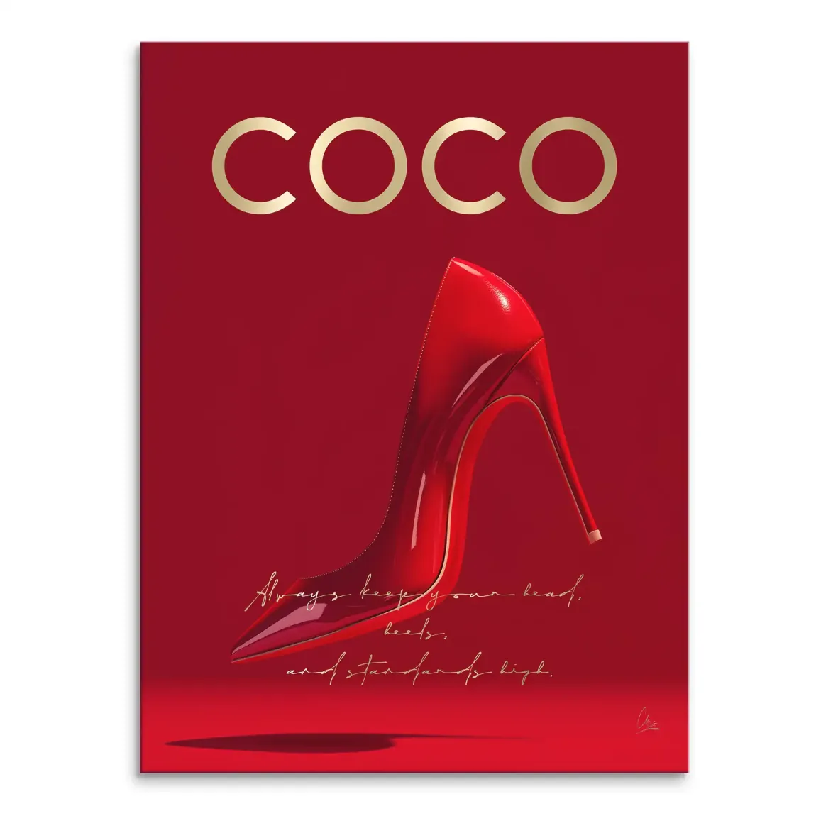 Glossy red high-heel canvas art on a deep red background with gold COCO lettering