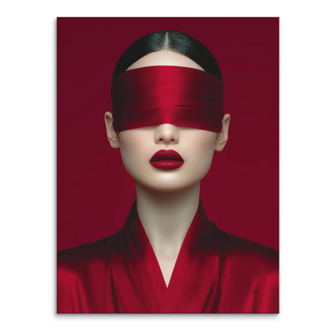 Portrait of a woman with a red satin blindfold on a red backdrop