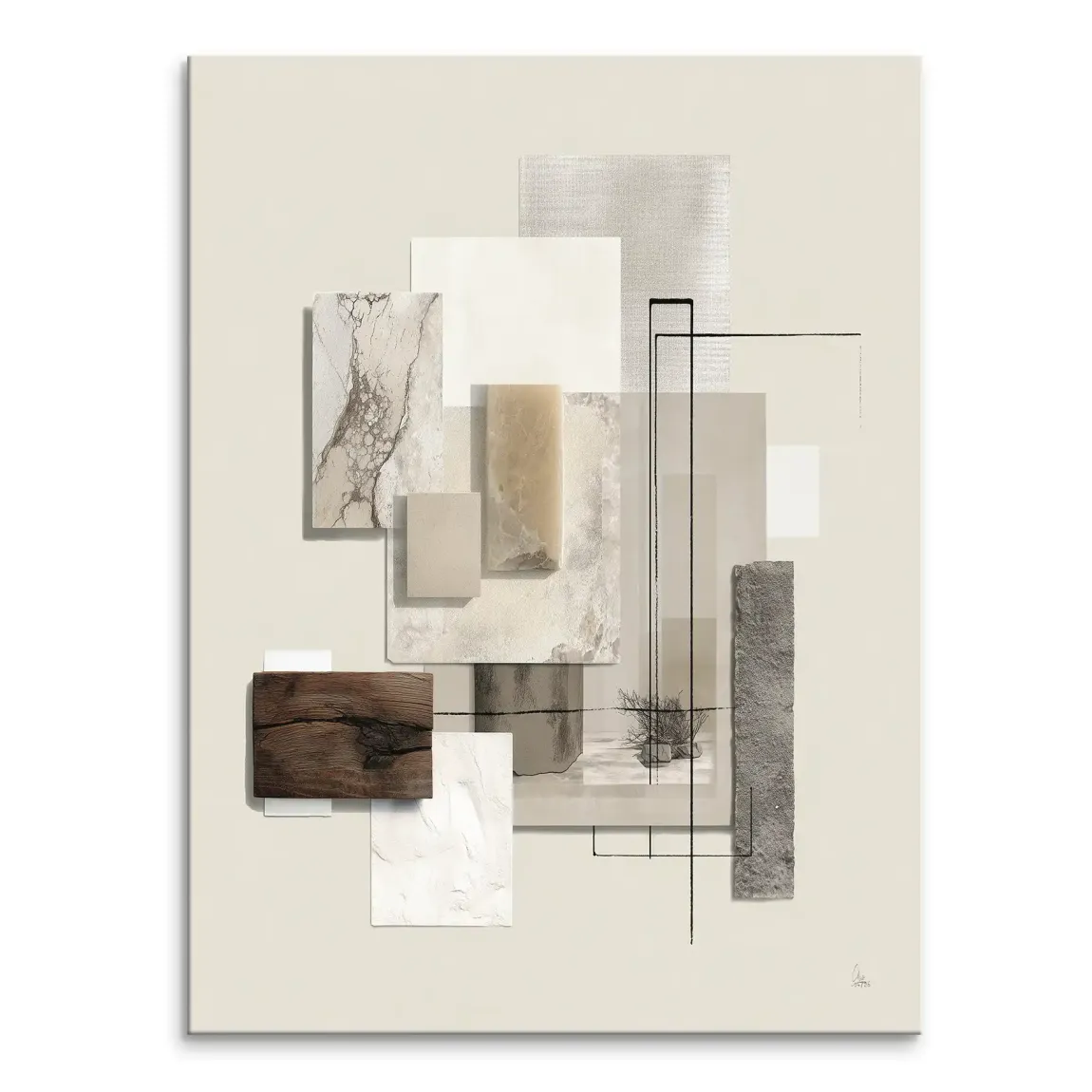 Neutral-toned marble composition on canvas with beige, cream, light gray, and warm brown hues