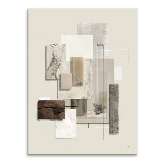 Neutral-toned marble composition on canvas with beige, cream, light gray, and warm brown hues