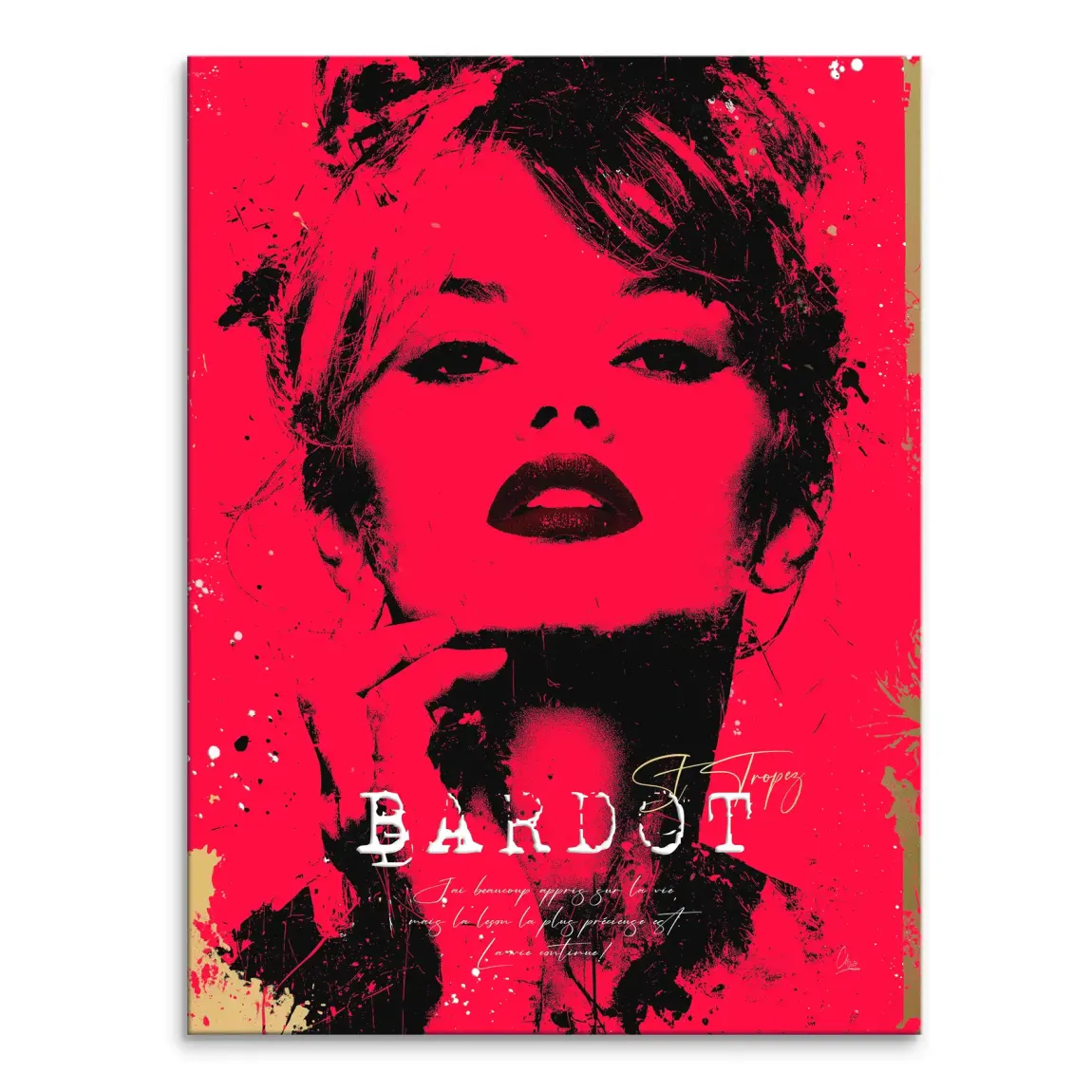 Brigitte Bardot red art canvas portrait in bold pop art style with black white and gold splatters